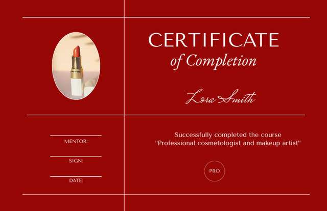 Completion Beauty Course Award with Lipstick Certificate 5.5x8.5in Design Template