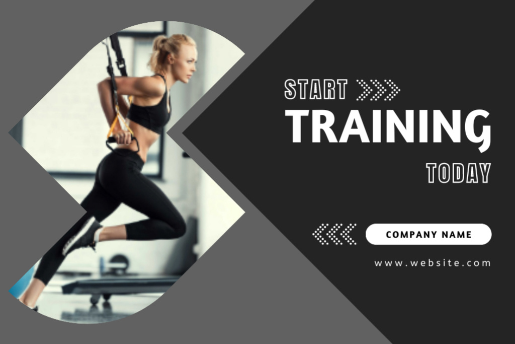 Gym Studio Promotion with Young Fitness Woman Label Πρότυπο σχεδίασης