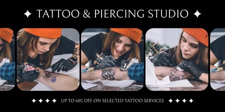 Plantilla de diseño de Impresionante servicio de tatuajes y piercings en estudio con descuento Twitter 
