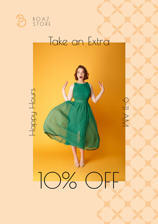 Clothes Shop Happy Hour Offer Woman in Green Dress Flyer A4 Design Template