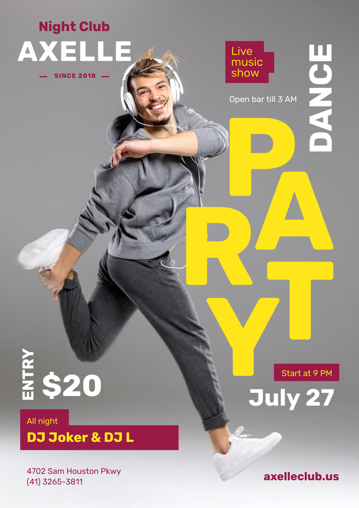 Ontwerpsjabloon van Poster van Party Invitation with Man in Headphones Jumping in Grey