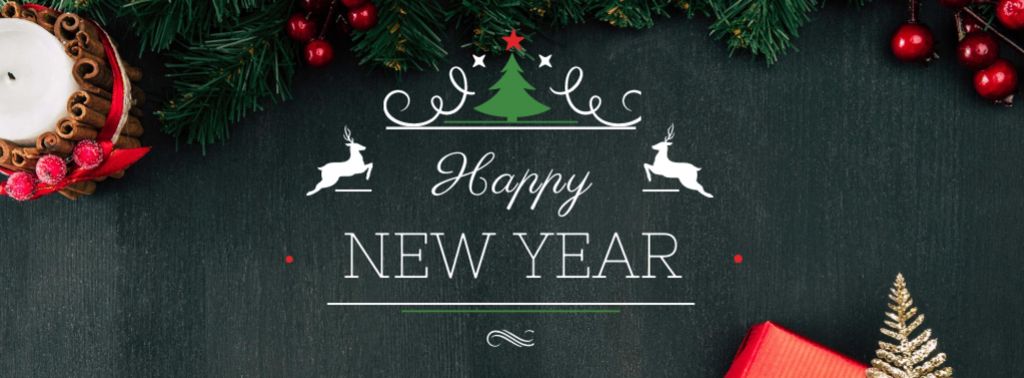 New Year Greeting with Decorations on Fir Tree Facebook cover tervezősablon