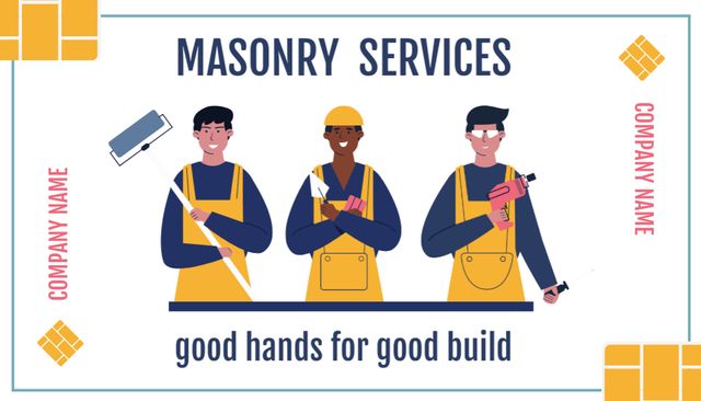 Masonry Services Ad Illustrated with Cute Cartoon Business Card US Modelo de Design