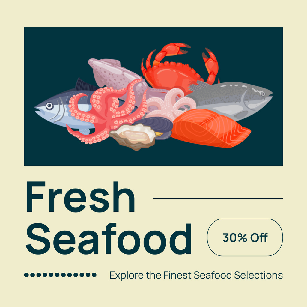 Offer of Fresh Seafood on Market with Discount Instagram AD Design Template