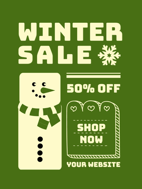 Winter Sale with Cartoon Snowman on Green Poster US Design Template