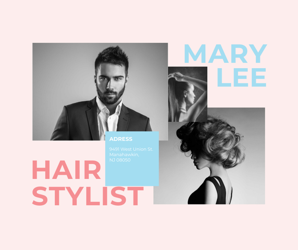 Hair Salon Ad Woman and Man with modern hairstyles Facebook Modelo de Design