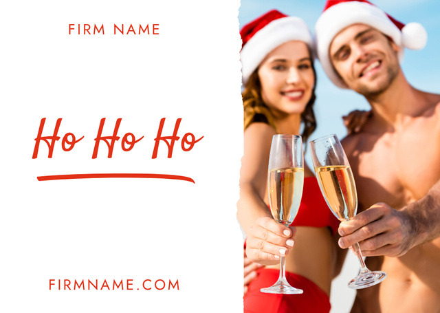 Platilla de diseño Young Couple in Santa Claus Hats Showing Glasses of Champagne Card