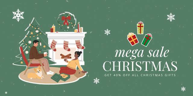 Ontwerpsjabloon van Twitter van Christmas Big Sale Offer Family with Corgi near Fireplace
