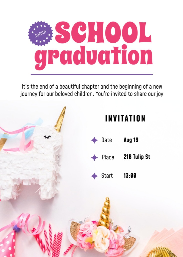 School Graduation Announcement with Cute Unicorns Invitation – шаблон для дизайна
