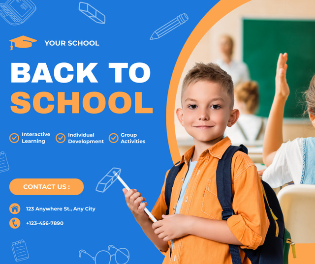 Back to School with Cute Boy with Backpack Facebook Design Template
