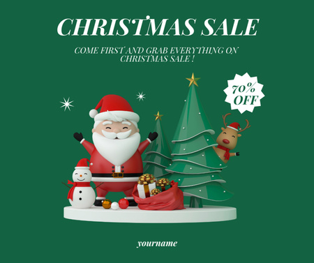Designvorlage Weihnachtsrabatt-Verkaufsanzeige mit Weihnachtsmann-Figur auf Grün für Facebook