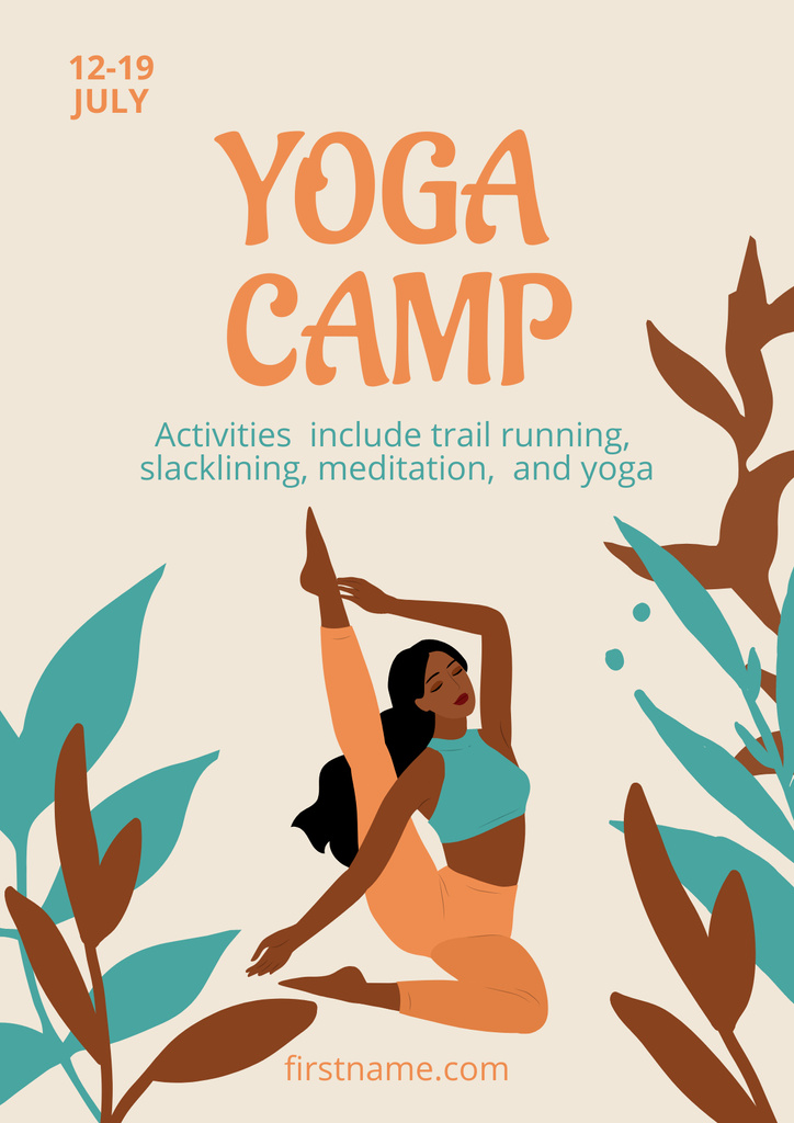 Yoga Camp Ad with Woman Practicing Poster Modelo de Design