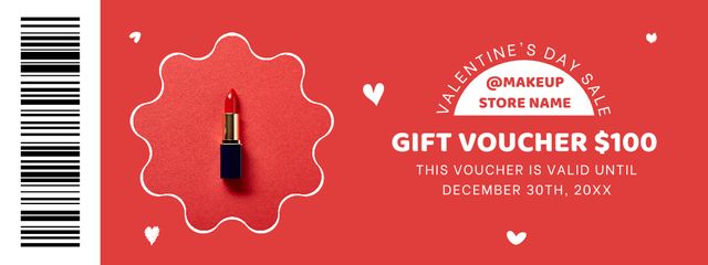 Gift Voucher for Cosmetics for Valentine's Day with Red Lipstick Coupon Design Template