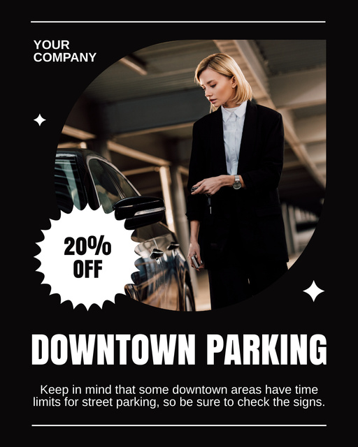 Discount Downtown Parking Services Offer on Black Instagram Post Verticalデザインテンプレート