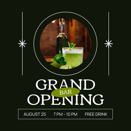 Plantilla de diseño de Gran evento de inauguración del bar con bebidas gratis Instagram AD 