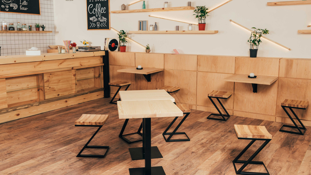 Plantilla de diseño de Cozy wooden empty Coffee Shop Zoom Background 