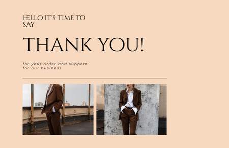 Designvorlage Dankbares Zitat mit Frau im stilvollen braunen Anzug für Thank You Card 5.5x8.5in