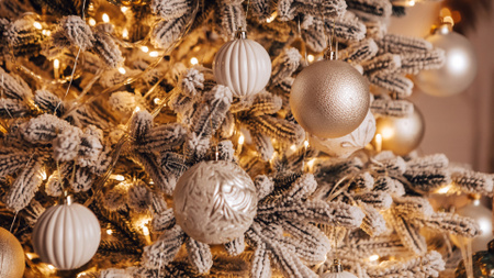 Template di design Albero di Natale con decorazioni dorate Zoom Background