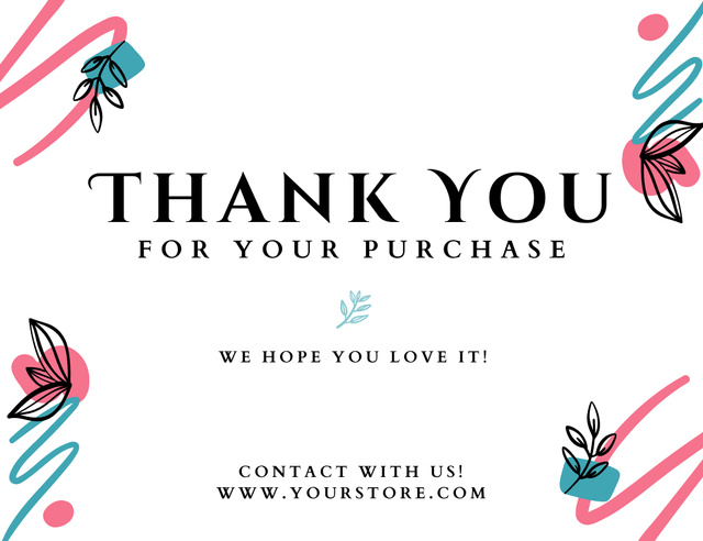 Thank You For Your Purchase Message with Simple Hand Drawn Leaves Thank You Card 5.5x4in Horizontal Modelo de Design