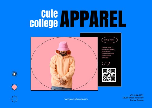 College Apparel and Merchandise Sale Offer with Man in Panama Hat and Hoodie Poster B2 Horizontal Šablona návrhu