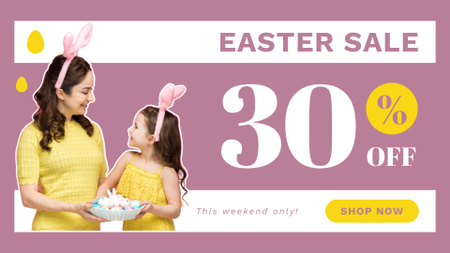 Ontwerpsjabloon van FB event cover van Paasverkoopadvertentie met schattige moeder en dochter in konijnenoren