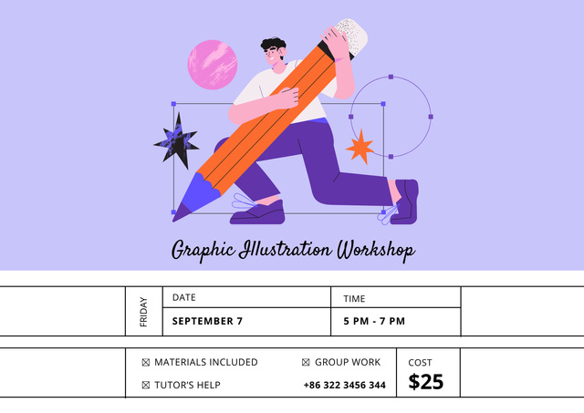 Illustration Workshop Ad with Man Holding Big Pencil Poster A2 Horizontalデザインテンプレート