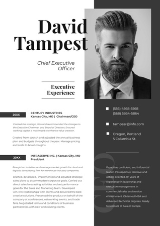 Chief Executive Officer Skills and Experience with Young Man Resume Design Template