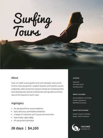 Designvorlage Surfing Tours Offer with Girl on Surfboard für Poster US