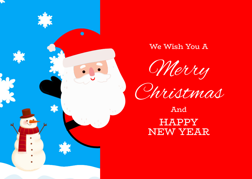 Christmas and New Year Wishes with Cute Santa and Snowman Postcard Modelo de Design