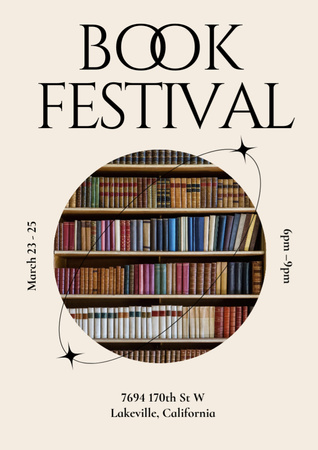 Book Festival Announcement with Bookshelves Flyer A4 Tasarım Şablonu