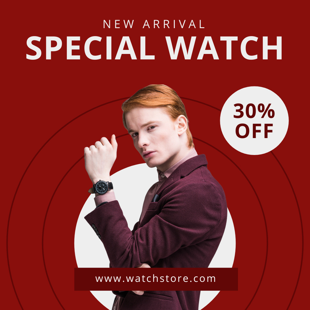 Special Sale of Wrist Watch with Stylish Red-haired Man Instagram Πρότυπο σχεδίασης