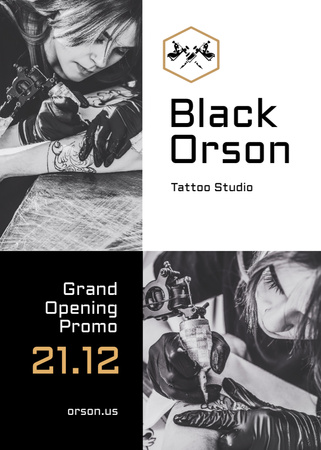Tattoo Studio Ad with Man Getting Tattoo in Black and White Flayer tervezősablon
