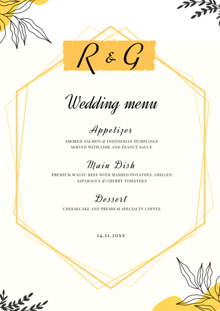 Black and Yellow Elements on Wedding Menu Tasarım Şablonu