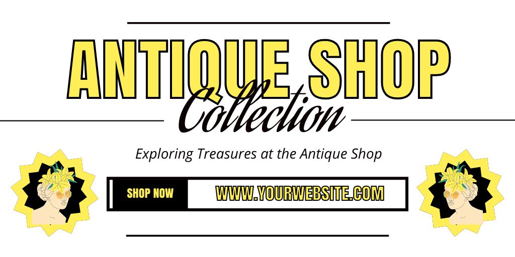Ontwerpsjabloon van Twitter van Antique Collection In Shop Promotion With Slogan