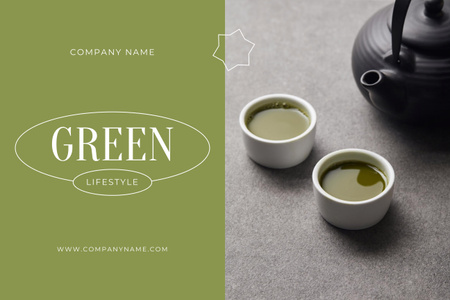 Black Teapot and White Cups with Matcha Tea Lifestyle Poster 24x36in Horizontal Design Template