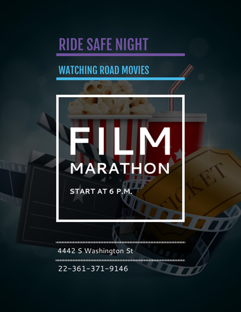 Film Marathon Night with popcorn Flyer 8.5x11in Design Template