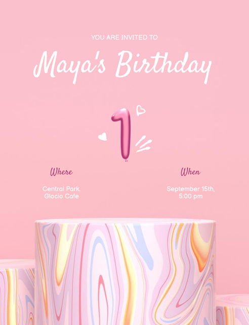 First Baby's Birthday Celebration Announcement on Pink Invitation 13.9x10.7cm – шаблон для дизайна