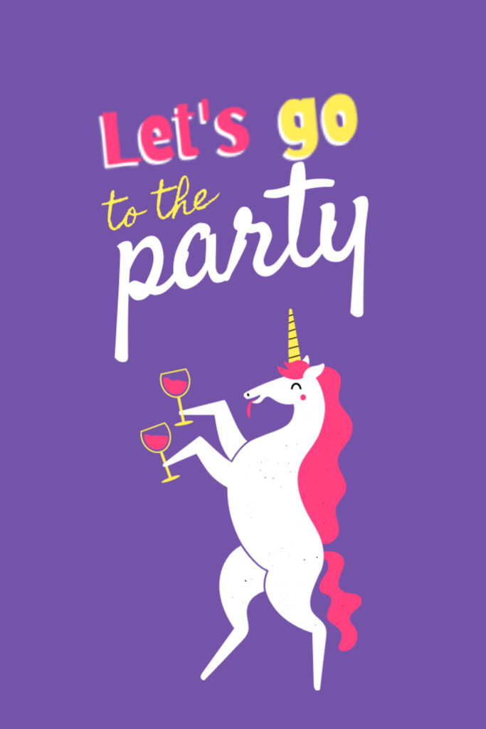 Designvorlage Party Announcement And Unicorn dancing With Wineglasses für Postcard 4x6in Vertical