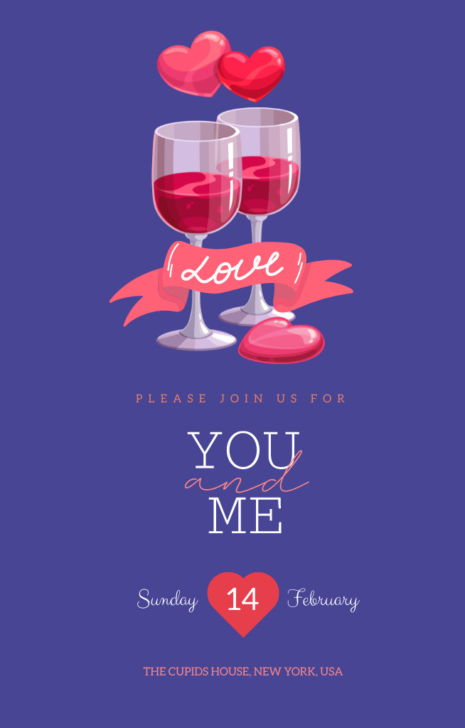 Valentine's Day Party Announcement With Wineglasses and Hearts Invitation 4.6x7.2in Tasarım Şablonu