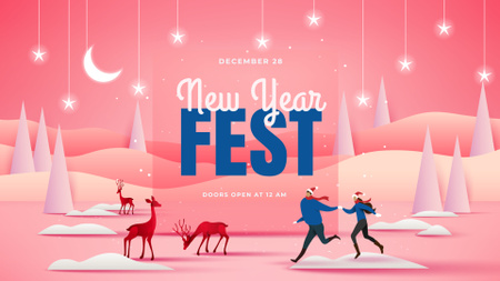 New Year Fest Announcement with People and Deers FB event cover Design Template