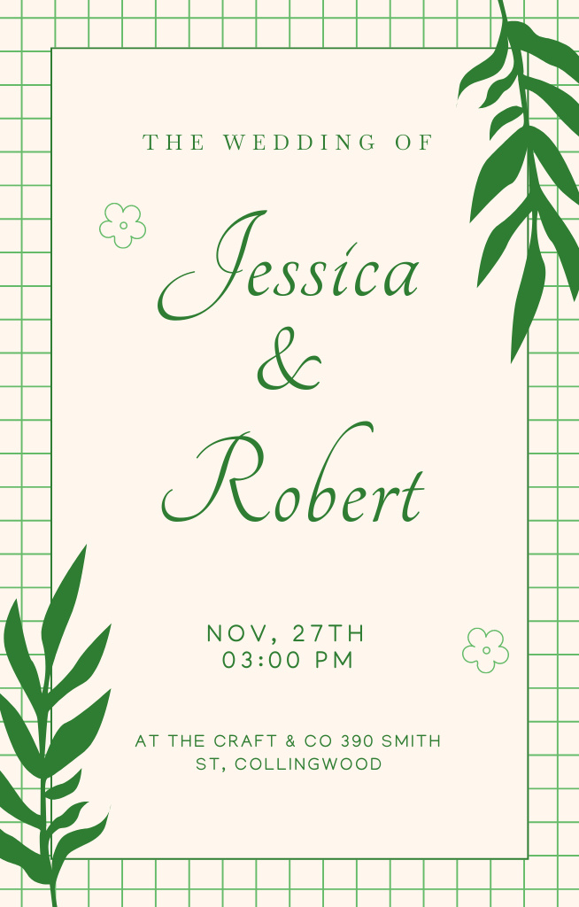 Wedding Invitation Card with Green Leaves Invitation 4.6x7.2inデザインテンプレート