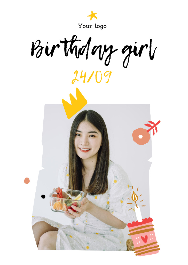 Smiling Girl Celebrating Birthday Postcard A6 Vertical Modelo de Design