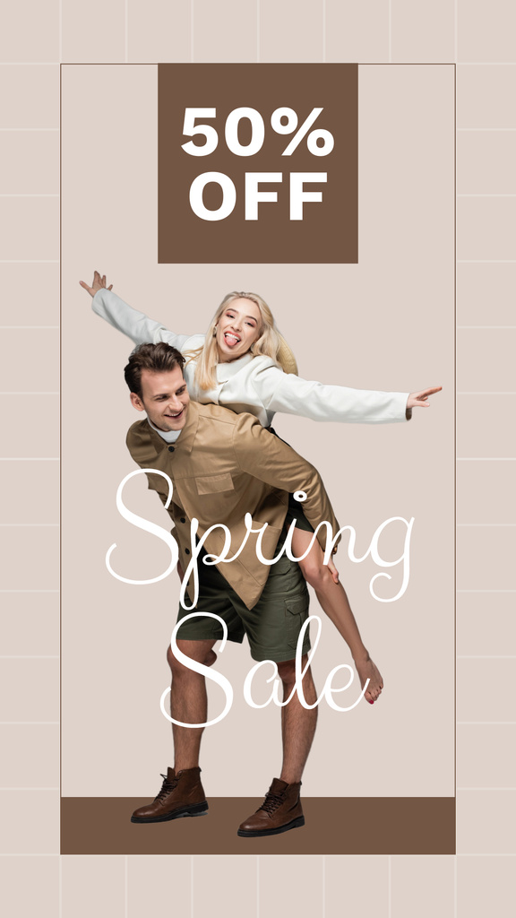 Designvorlage Fashion Spring Sale with Stylish Couple on Beige für Instagram Story
