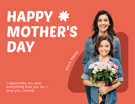 Söpö äiti tyttärensä ja kukkien kanssa äitienpäivänä Thank You Card 5.5x4in Horizontal Design Template