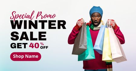 Young Funny Man with Shopping Bags at Winter Sale Facebook AD Design Template