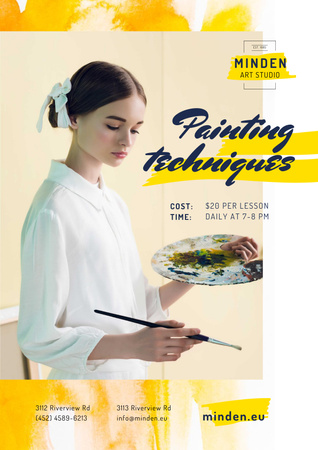 Template di design Painting Courses with Girl Holding Brush and Palette Poster