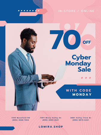 Template di design Vendita del Cyber Monday con uomo che digita sul computer portatile Poster US