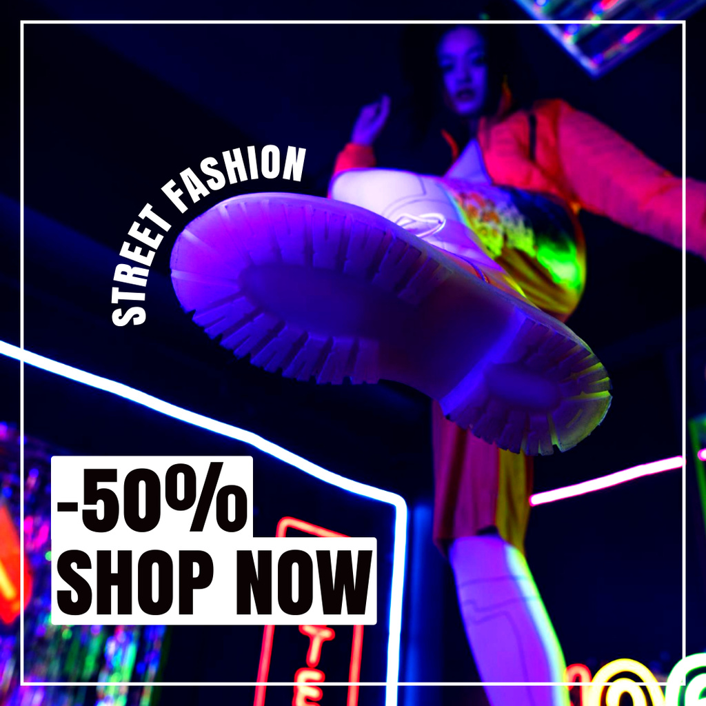 Street Fashion Wear Sale Offer with Stylish Woman in Neon Lights Instagram Design Template