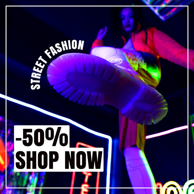 Street Fashion Wear Sale Offer with Stylish Woman in Neon Lights Instagram Design Template