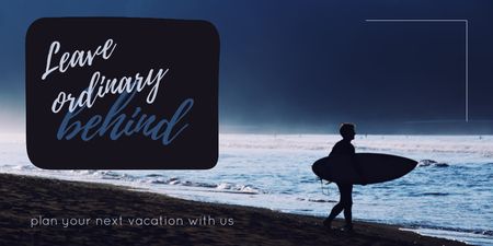 Travel Inspiration with Surfer on Beach Twitter Design Template